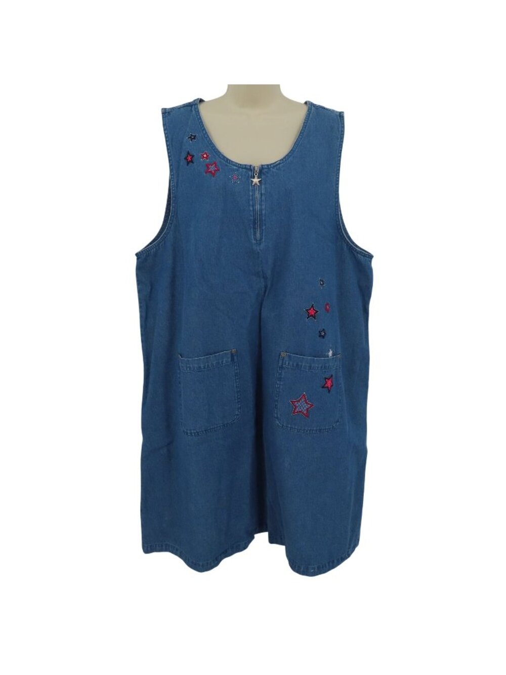 Christopher Banks Women 20W Blue Denim Embroidered Red Stars Zipper Dress Pocket